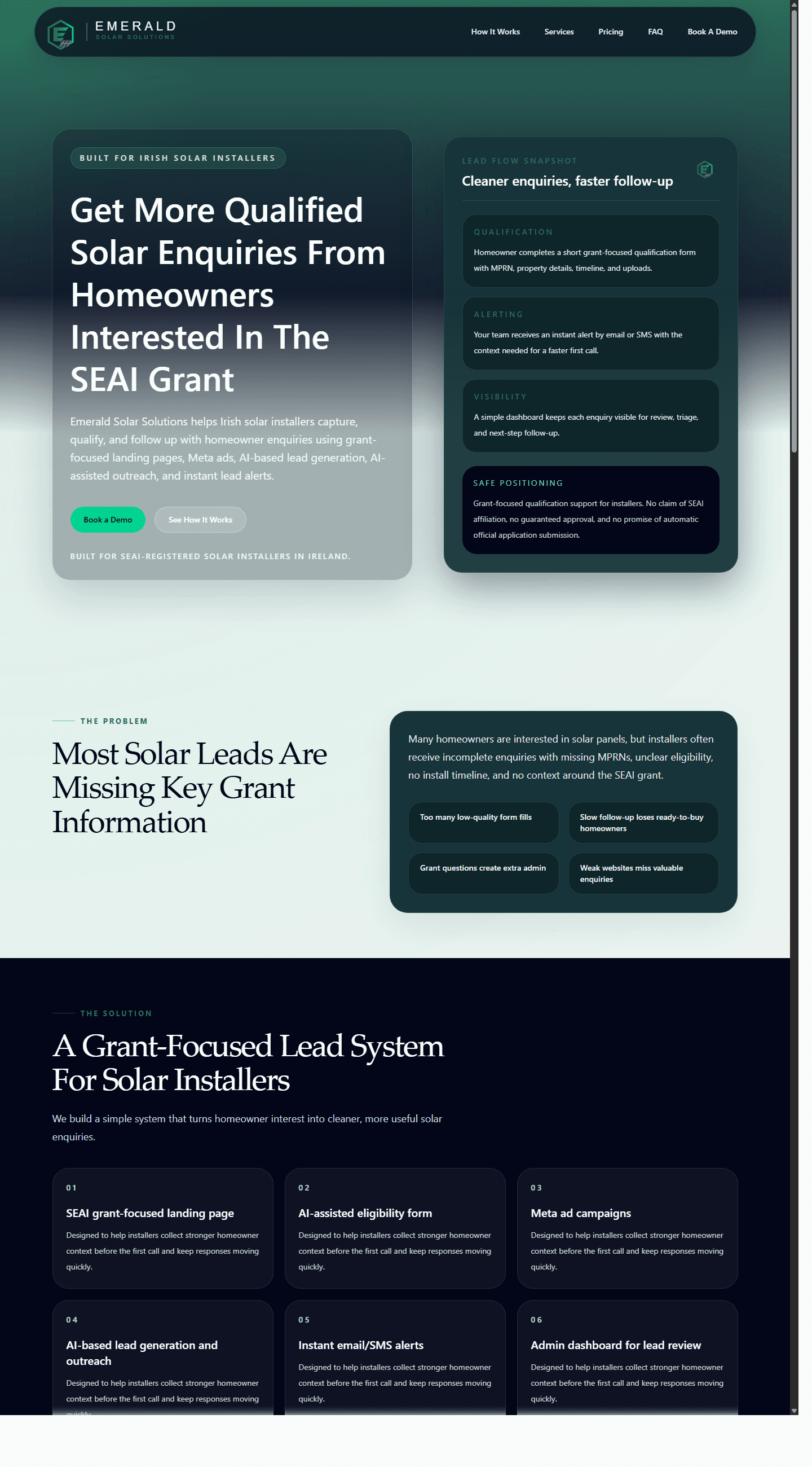 Emerald Solar Solutions website with demo video area